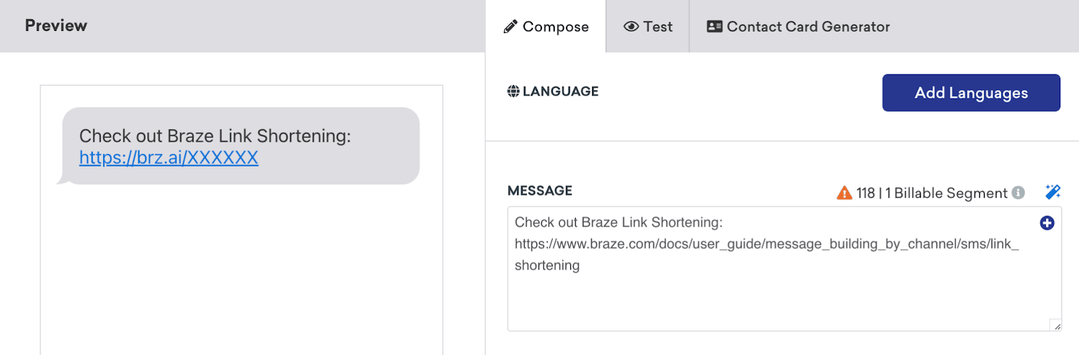 「メッセージ」ボックスに長い URL があり、プレビューに生成された短縮リンクが表示されたメッセージ作成画面。