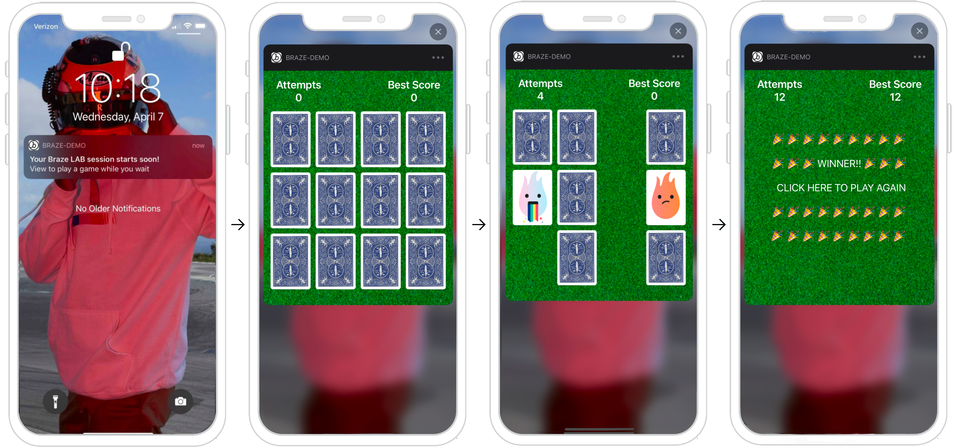 インタラクティブなプッシュ通知のフェーズがどのように見えるかを示す図。画像は、インタラクティブなマッチングゲームを表示するプッシュ通知を押すユーザーを示しています。