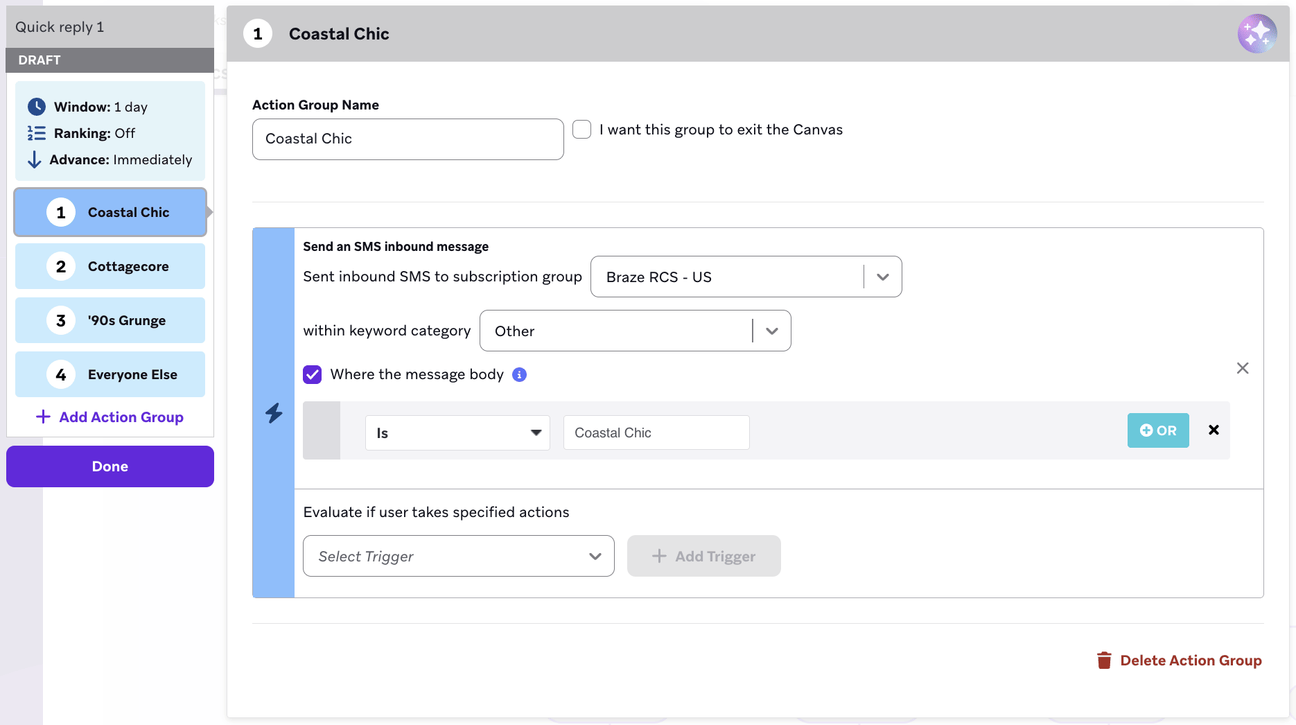 各返信候補に対応する3つのアクショングループが設定されたアクションパスステップ。