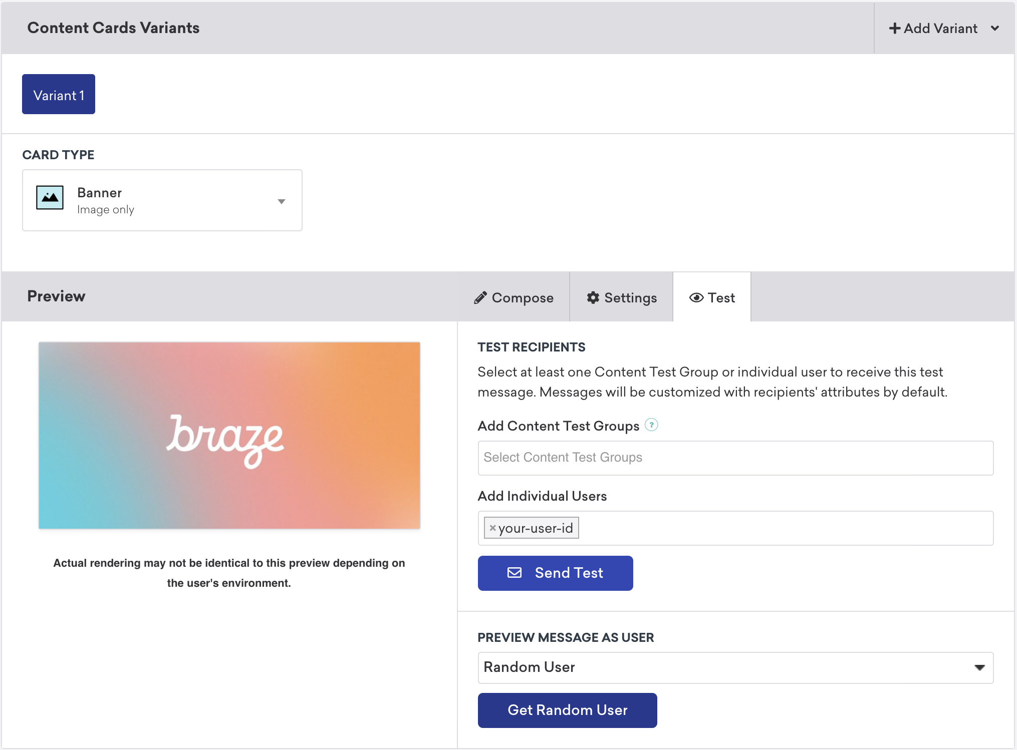 コンテンツカードをテストするために、テスト受信者として自分のユーザー ID を追加できることを示す Braze コンテンツカードキャンペーン。