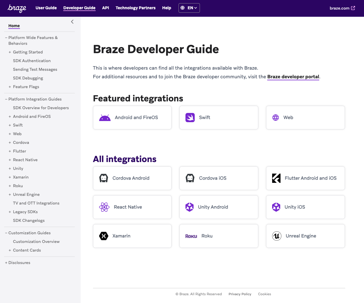 "The old navigation for Braze Developer Guide."