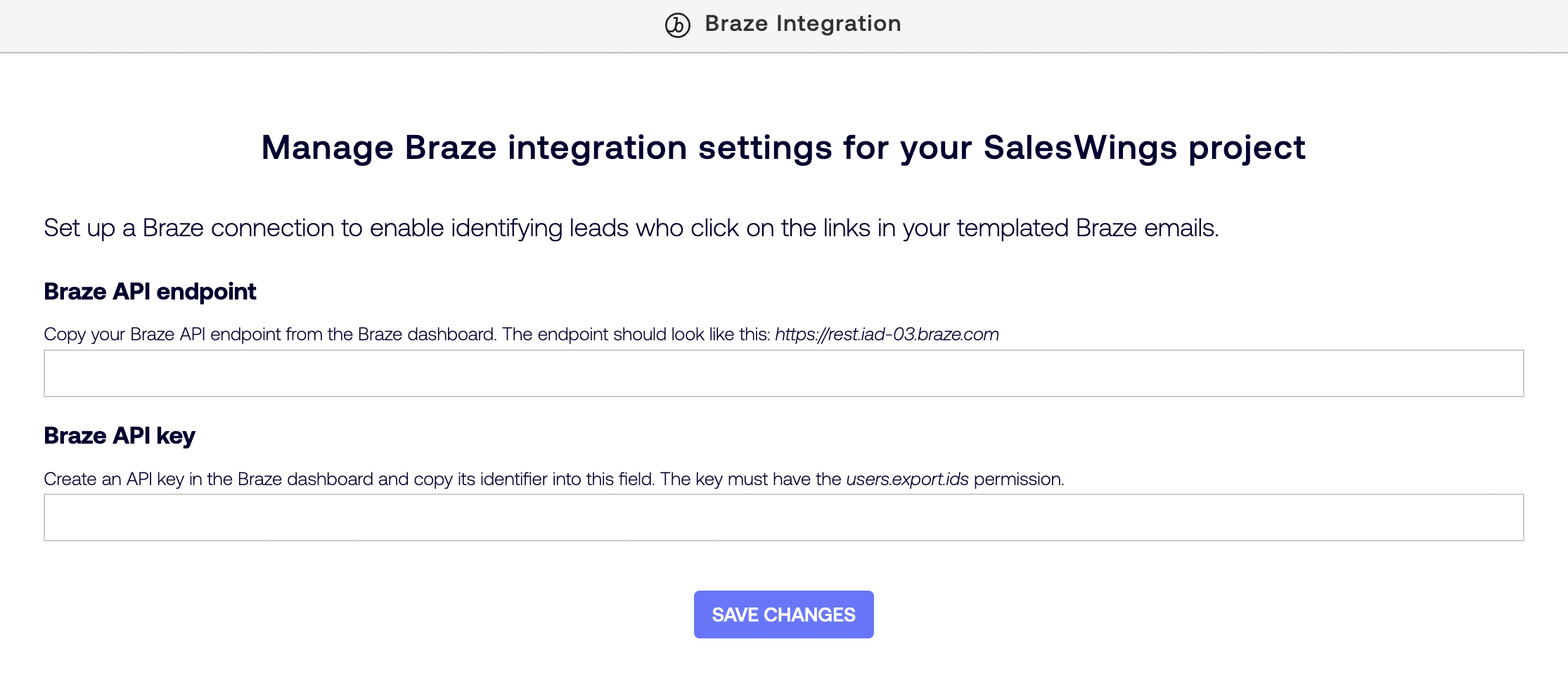 SalesWings SettingsページのBraze Integrationセクション。