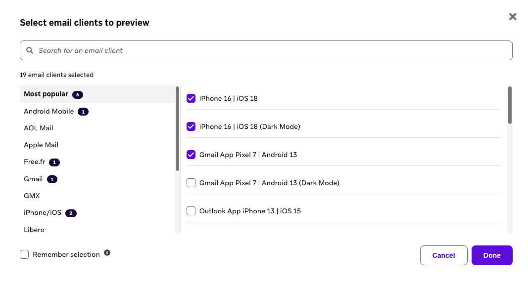 プレビューするメール クライアントs を選択します。