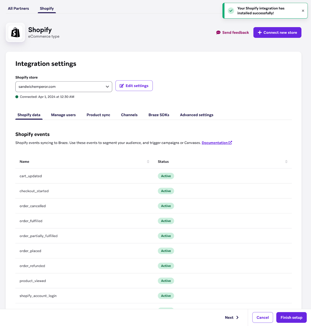 統合設定を表示するShopifyパートナーページ。