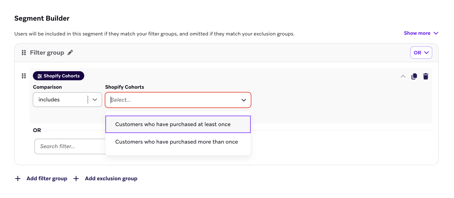 「Shopify Cohorts」フィルターが表示されたSegmentビルダー。