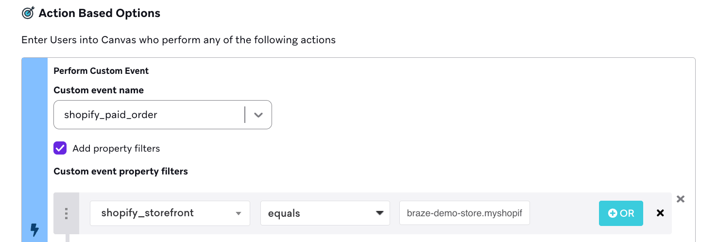 `shopify_paid_order`カスタムイベントを実行したユーザーをエントリさせるトリガーを持つアクションベースのキャンバス。
