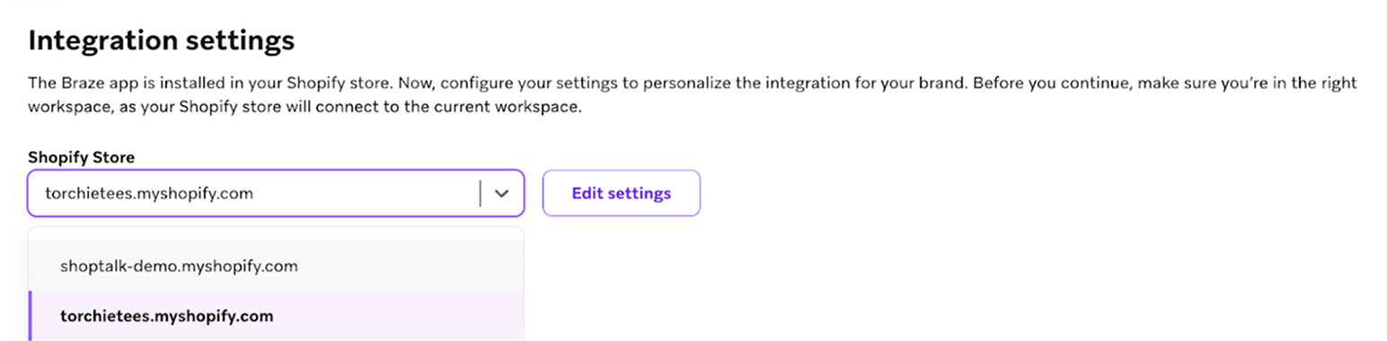 Shopifyストアを選択するドロップダウンメニューがある「Integration settings」。