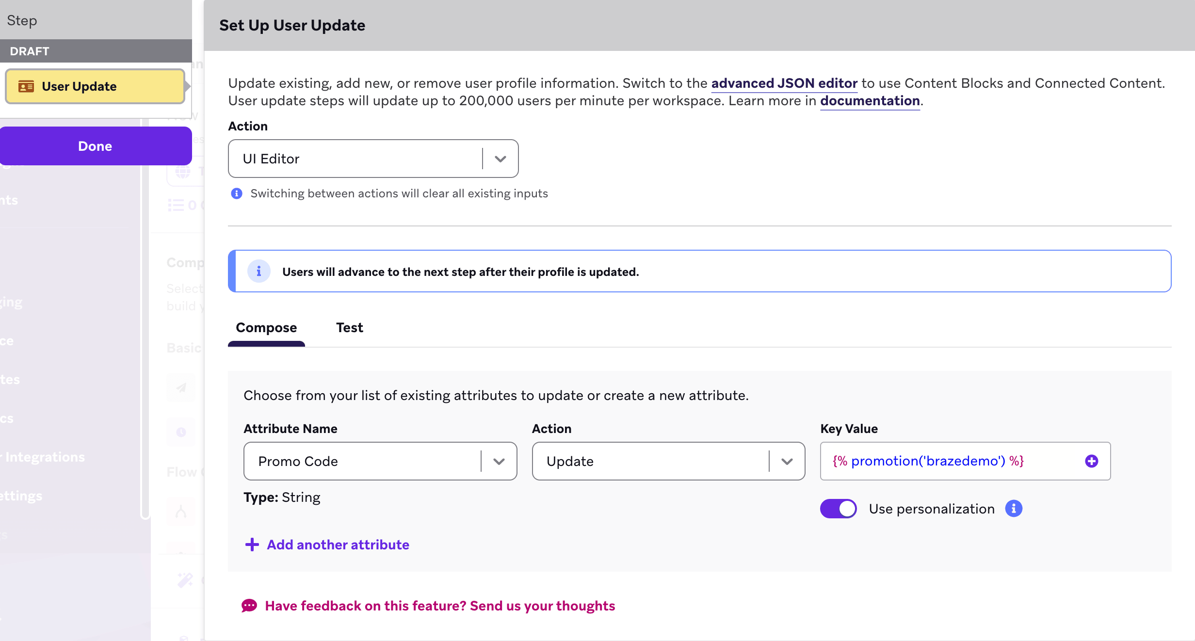 Liquidスニペットで「Promo Code」属性を更新するユーザーの更新ステップ。