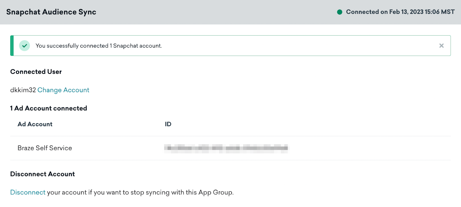 Snapchatテクノロジーパートナーページの更新バージョンが表示され、接続に成功した広告アカウントが表示されます。
