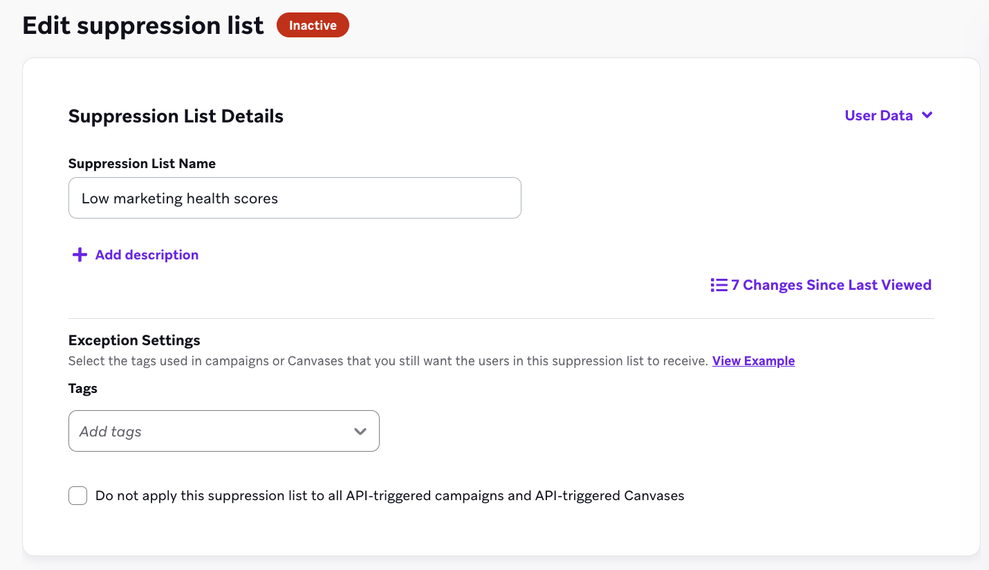 "Exception Settings" セクションで、抑制リストをAPI トリガキャンペーンおよびキャンバスに適用しないようにするチェックボックスが付いています。