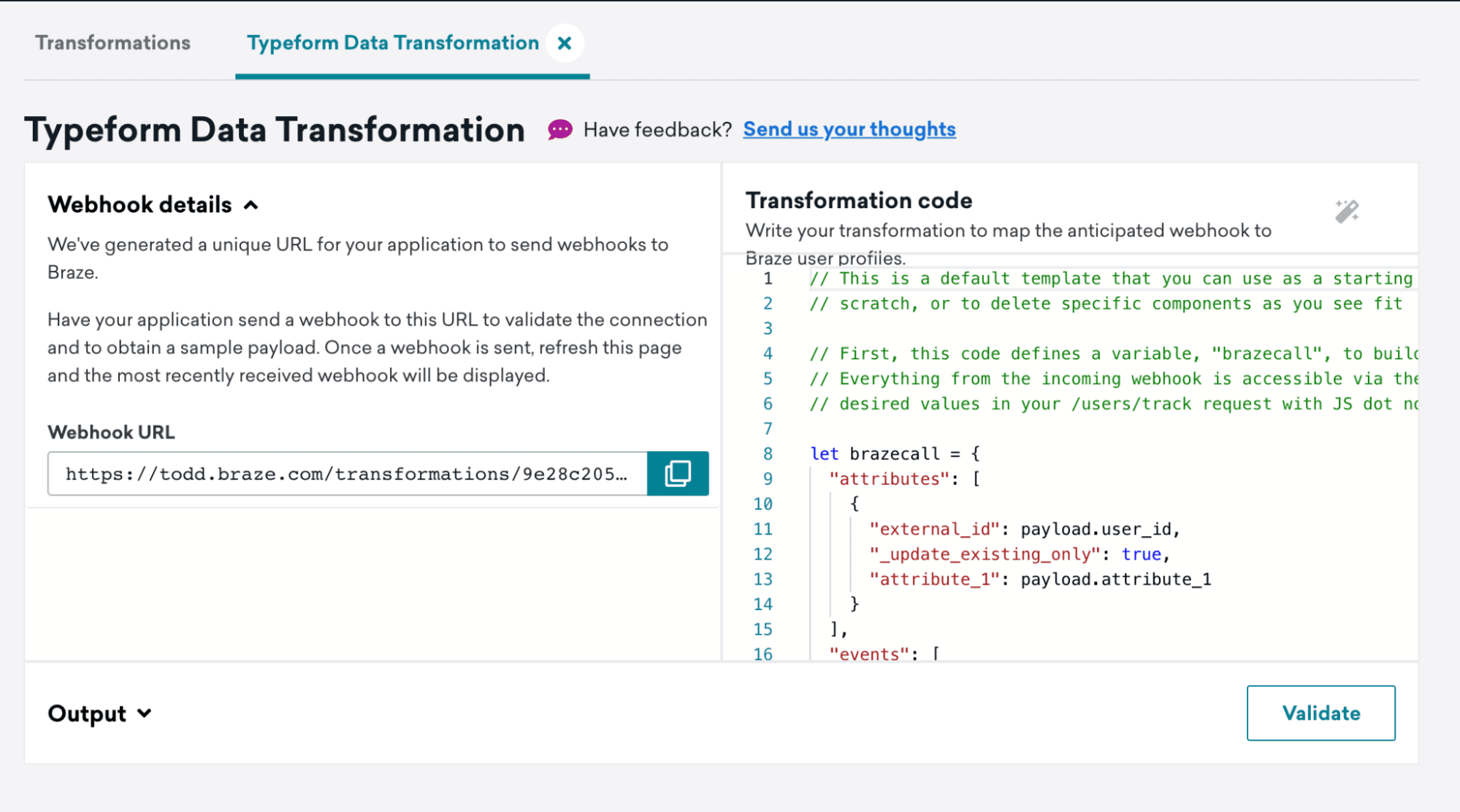 Webhookのディテールとトランスフォーメーションコードのサンプル。
