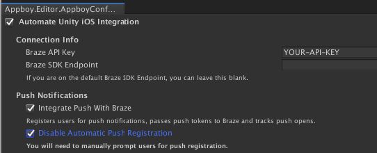 Unity エディターには Braze の設定オプションが表示されます。このエディターでは、「Unity iOS 統合の自動化」、「プッシュと braze の統合」、「自動プッシュ登録の無効化」が有効になっています。