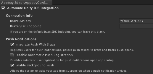 Unity エディターには Braze の設定オプションが表示されます。このエディターでは、「Unity iOS 統合の自動化」、「プッシュと braze の統合」、「バックグラウンドプッシュを有効にする」が有効になっています。
