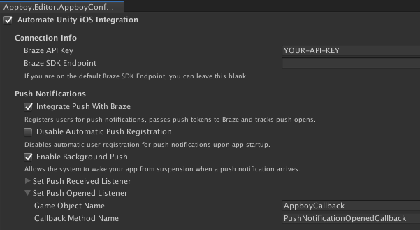 Unity エディターには Braze の設定オプションが表示されます。このエディターでは、「プッシュ受信リスナーの設定」オプションが拡張され、「ゲームオブジェクト名」(AppBoyCallback) と「コールバックメソッド名」(PushNotificationOpenedCallback) が提供されています。