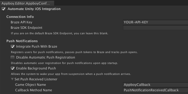 Unity エディターには Braze の設定オプションが表示されます。このエディターでは、「プッシュ受信リスナーの設定」オプションが拡張され、「ゲームオブジェクト名」(AppBoyCallback) と「コールバックメソッド名」(PushNotificationReceivedCallback) が提供されています。