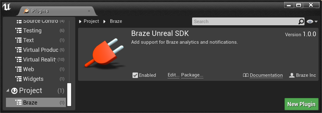 アンリアルエンジン UI に表示された Braze アンリアル SDK プラグイン