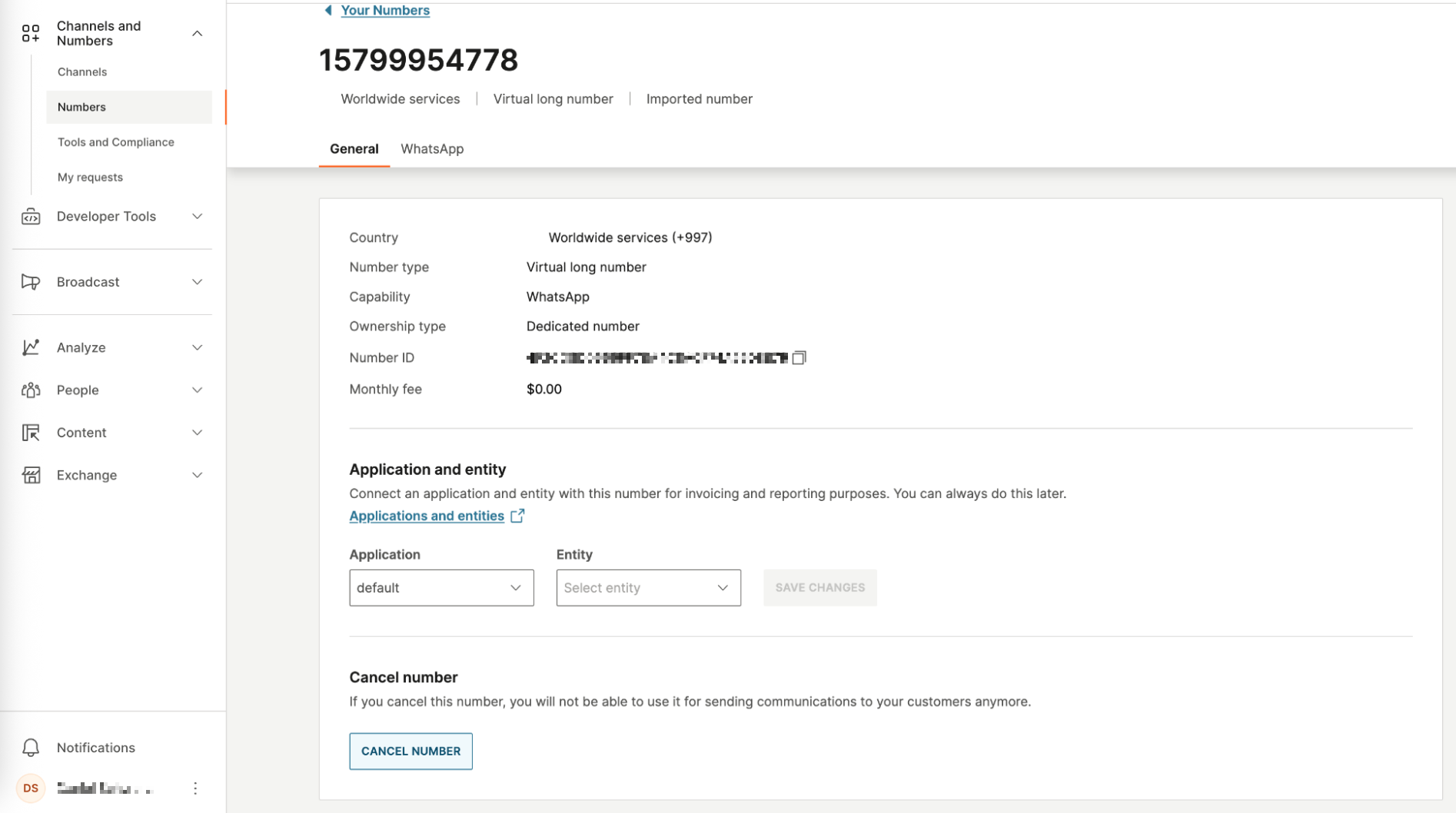 "Cancel number"ボタン(Infobip 番号の場合)。