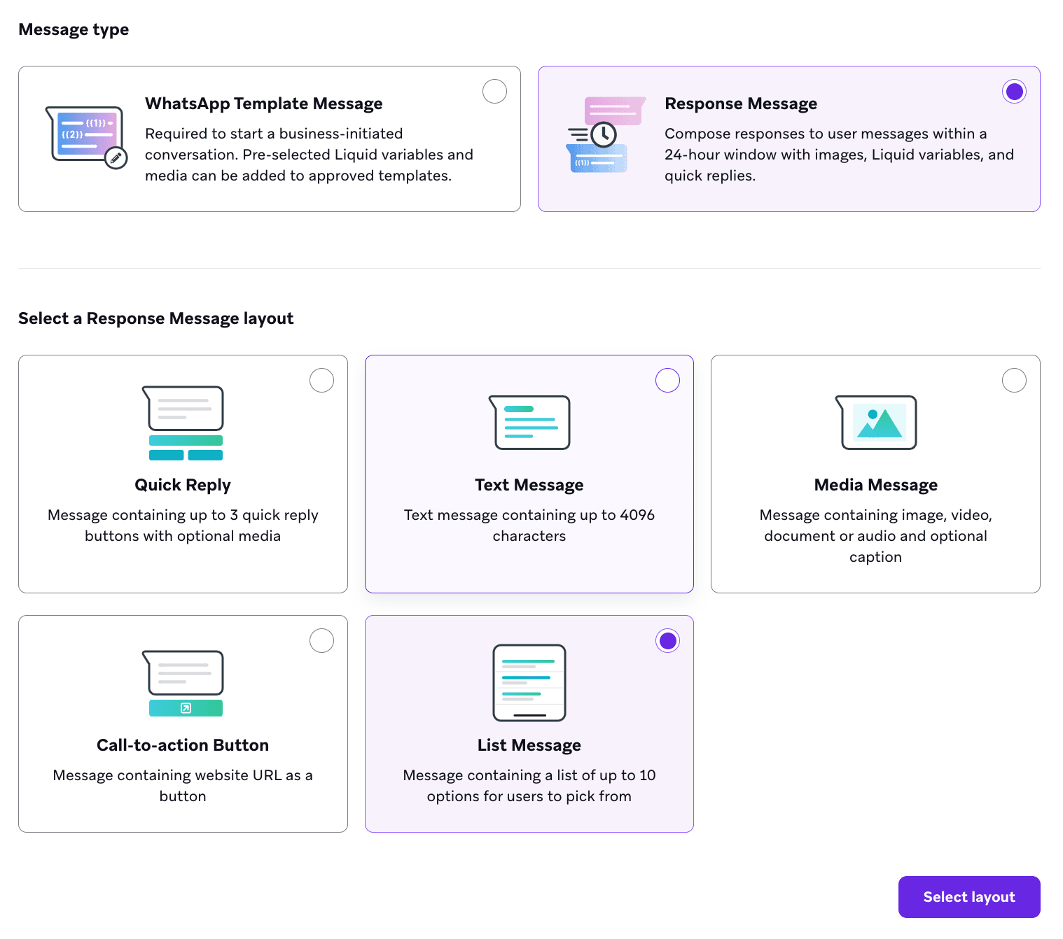 [リストメッセージ] をはじめ、作成できる WhatsApp 応答メッセージのタイプを示す選択可能なcollection。