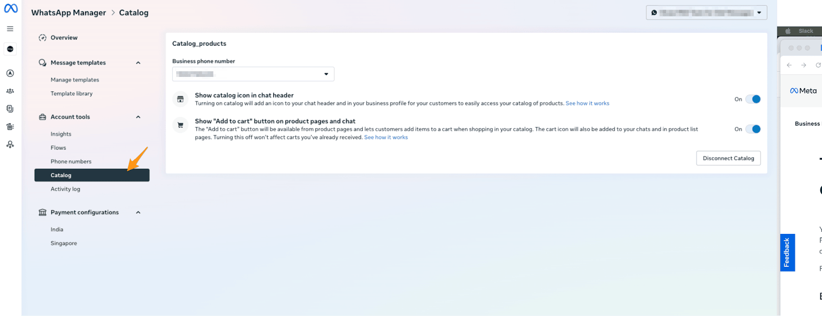 WhatsAppマネージャの設定の"Catalog_products" カタログのs ページ。