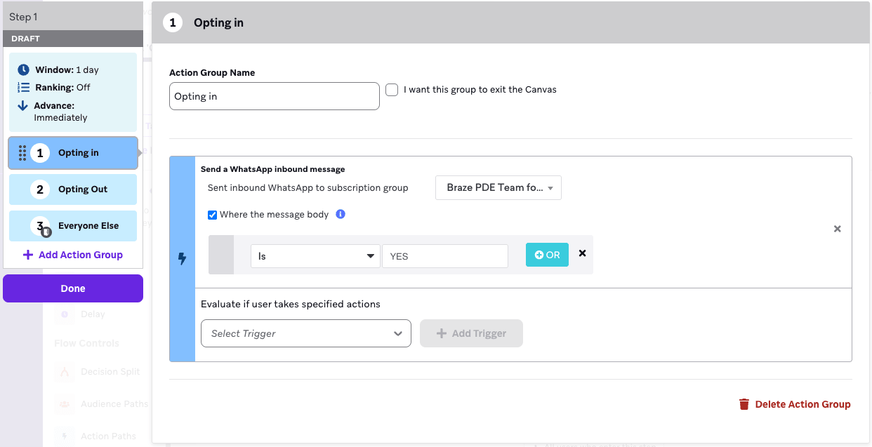 キャンバスステップに「オプトイン」グループを設定し、トリガーイベントを「サブスクリプショングループにインバウンドWhatsAppを送信」、トリガーワードを「YES」とする。
