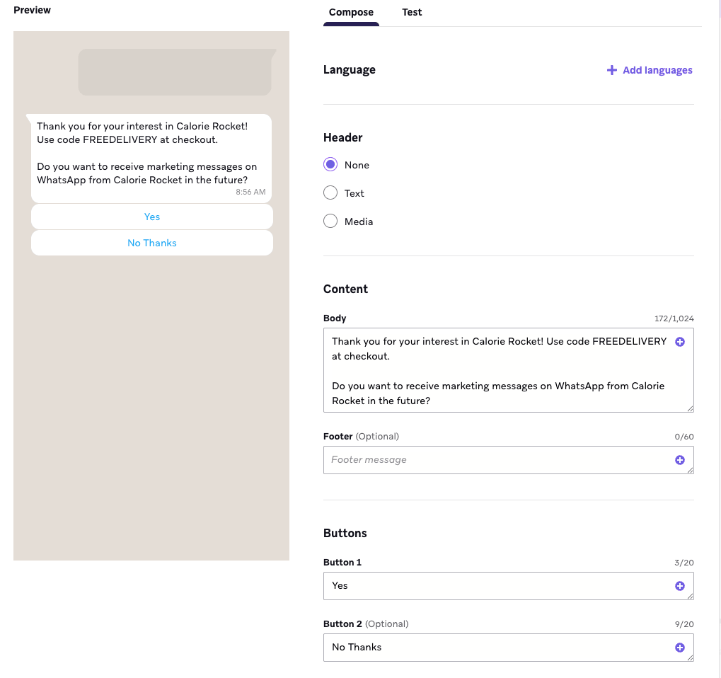 WhatsAppメッセージ作成画面に「Yes」と「No Thanks」の返信ボタンがある。