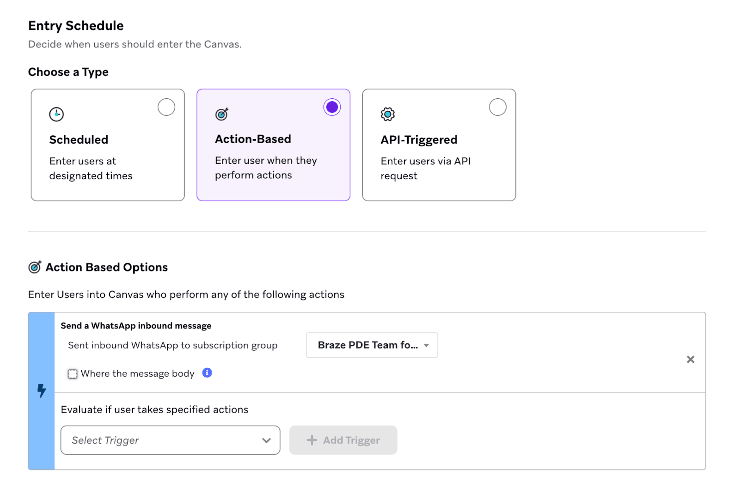 [WhatsApp インバウンドメッセージを送信] トリガーが設定されたアクションベースのエントリステップ。