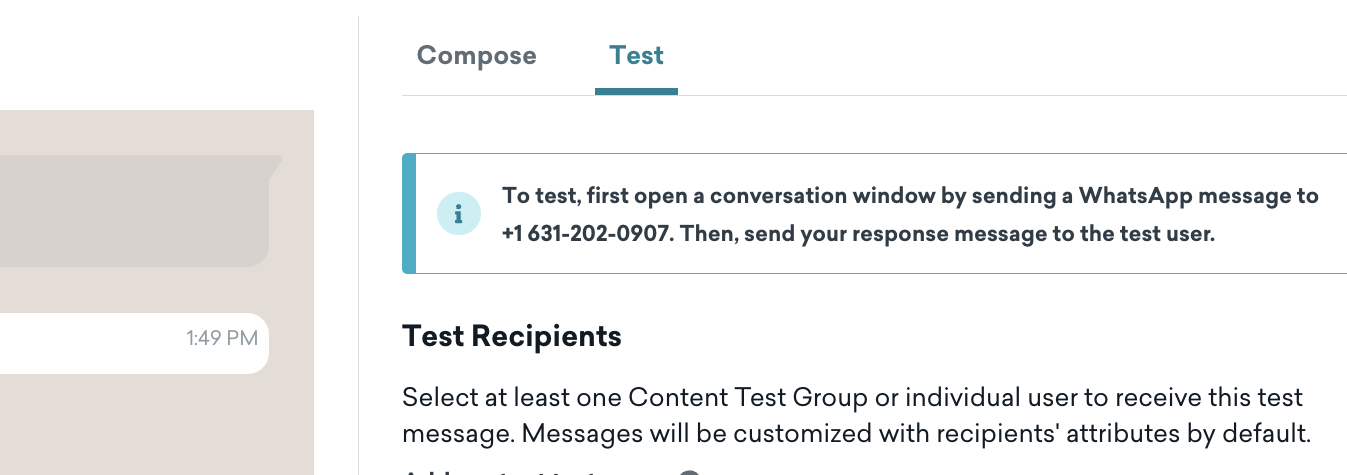 「テストするには、まず +1 631-202-0907 に WhatsApp メッセージを送信して会話ウィンドウを開いてください」という警告が表示されます。次に、応答メッセージをテストユーザーに送信します。"