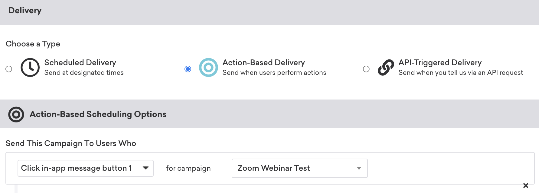 特定のキャンペーンのボタンをクリックしたユーザーに送信されるアクションベースのキャンペーン。