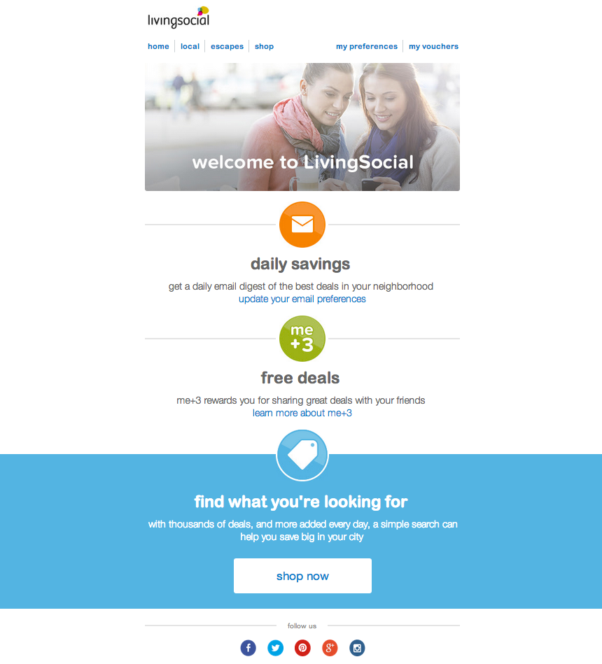 新規ユーザーを歓迎するLivingSocialから送信されるオンボーディングメール