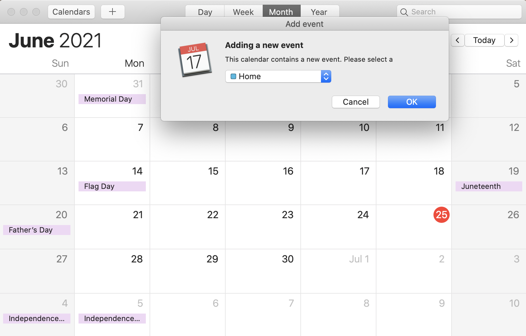 iCal カレンダーに新しいイベントを追加するダイアログが表示され、ユーザーにカレンダーの選択と確認を求めます。
