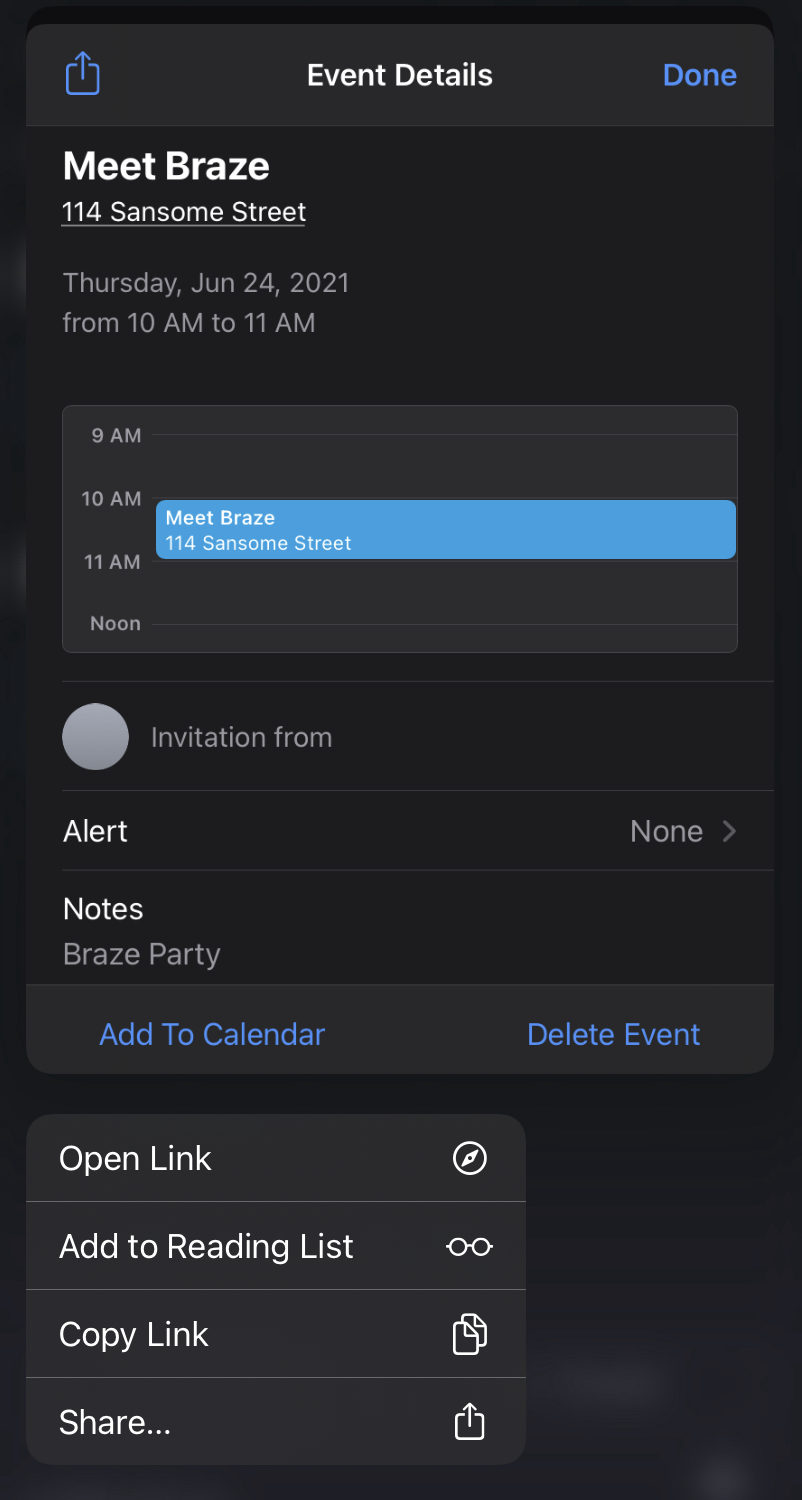 「カレンダーに追加」ボタンを含むカレンダーリンクを長押しすると iOS がポップアップを表示します。