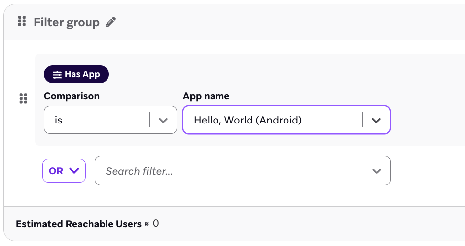 「Hello, World (Android)」アプリを所有しているユーザーのフィルター。
