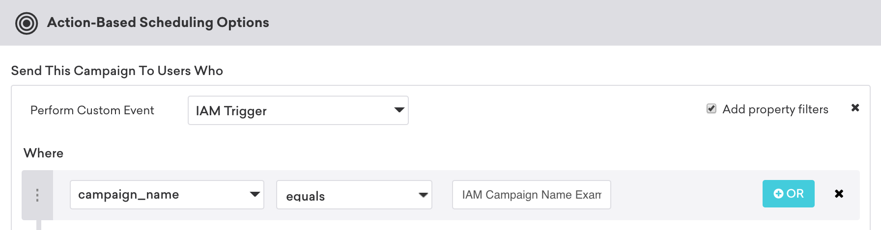 「campaign_name」が「IAM キャンペーン名の例」と等しい場合にアプリ内メッセージがトリガーされるアクションベースの配信キャンペーン。