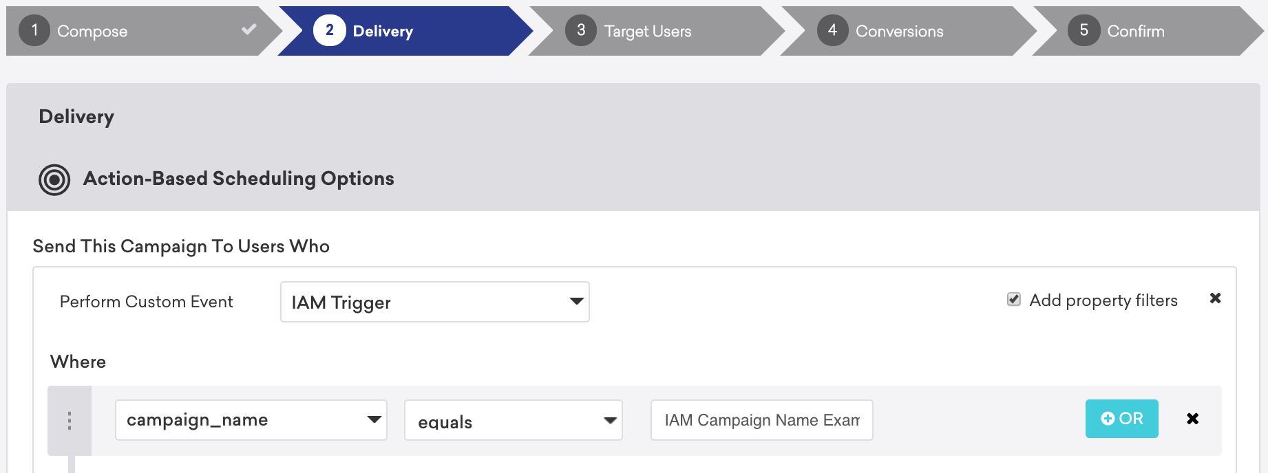 カスタムイベント「アプリ内メッセージトリガー」を実行したユーザーに配信されるアクションベースの配信アプリ内メッセージキャンペーン。「campaign_name」は「IAM キャンペーン名の例」です。
