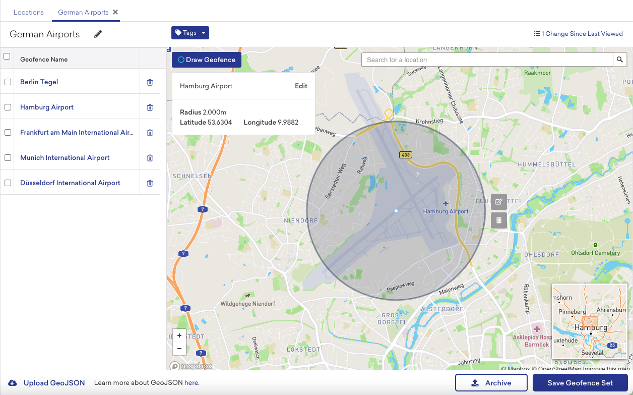 ユーザーがハンブルク空港の地図上に半径 2,000 メートルの円を描画したドイツの空港のジオフェンスセット。