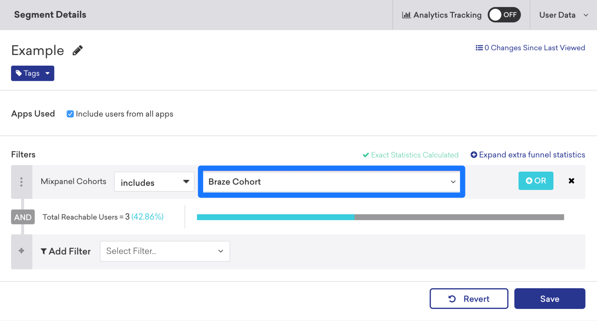 Brazeセグメントビルダーで、ユーザー属性フィルター「Mixpanel cohorts」が「includes」と「Braze cohort」に設定されている。