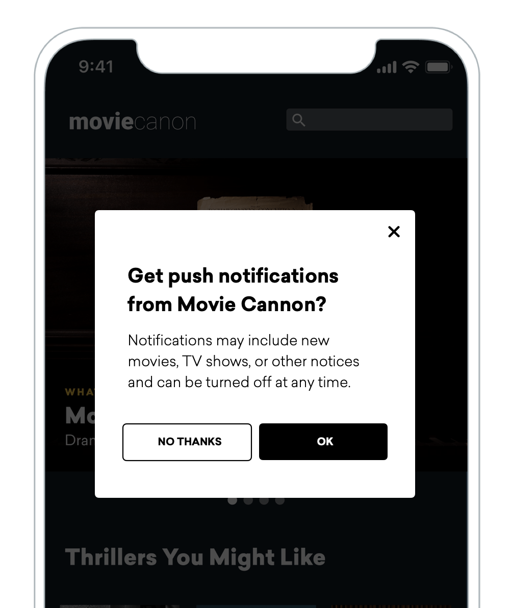 ストリーミングアプリ用のプッシュ入門アプリ内メッセージ。通知には「ムービーキャノンからプッシュ通知を受け取る?通知には、新しい映画、テレビ番組、またはその他の通知が含まれる場合があり、いつでもオフにできます。「