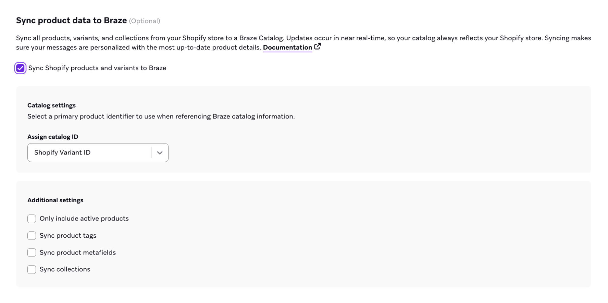 Shopify 제품 및 배리언트를 Braze에 동기화하는 설정.