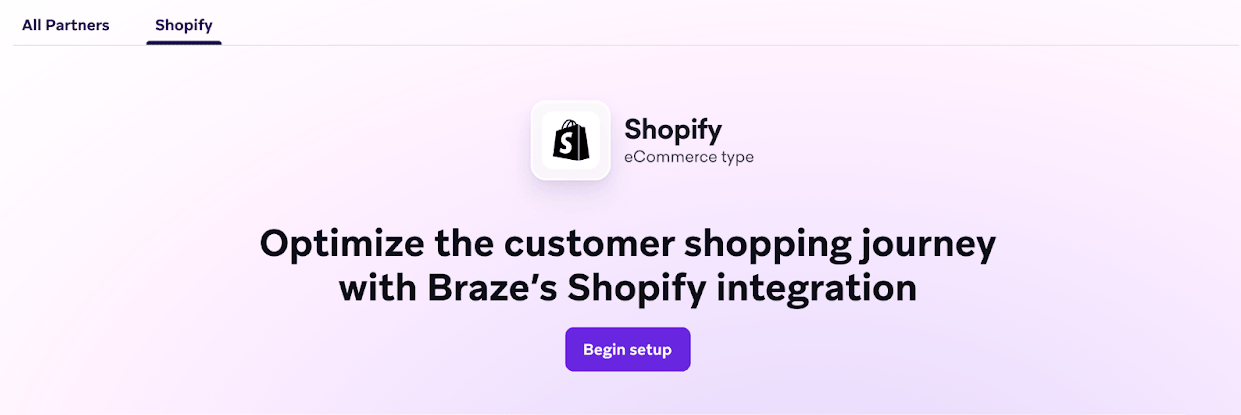 Shopify integration page with button to begin setup.