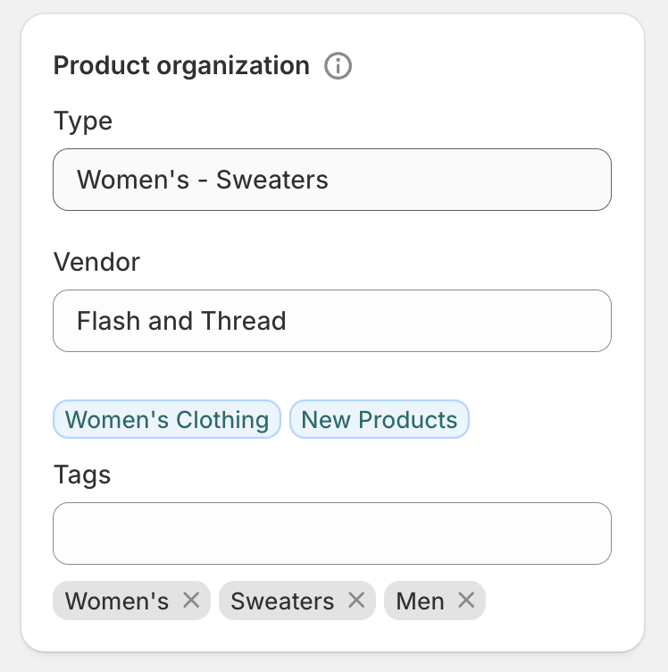 "Women's - Sweaters" 제품 유형에 "Women's", "Sweaters", "Men" 태그가 있는 화면.