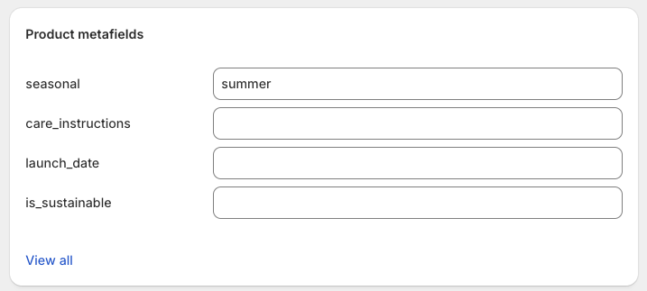 seasonal 메타필드와 summer 값을 포함한 제품 메타필드 추가 모달.