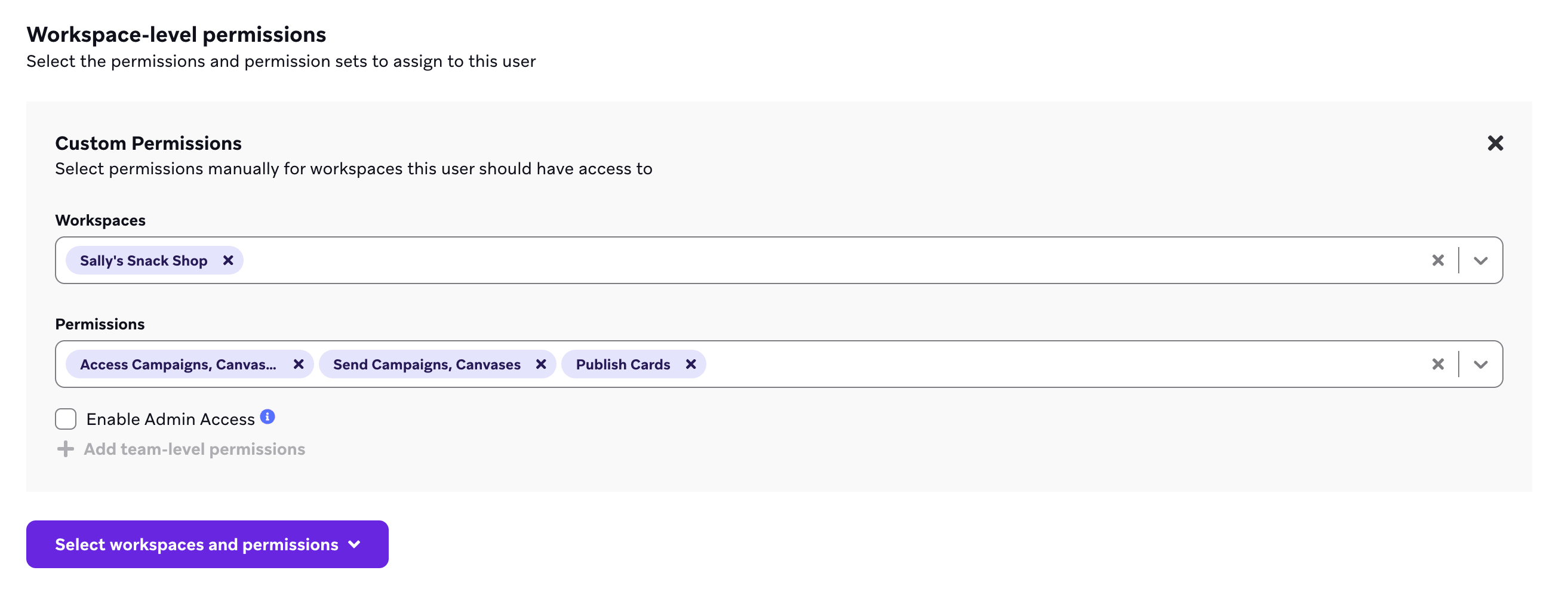 커스텀 권한 필드 섹션이 있는 워크스페이스 수준 권한.