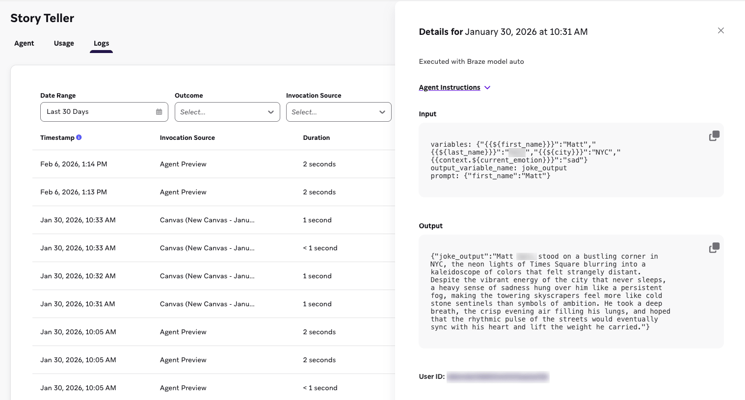 상담원 스토리텔러의 로그입니다. 세부정보 패널에는 입력 프롬프트, 출력 응답 및 연결된 사용자 ID가 표시됩니다.