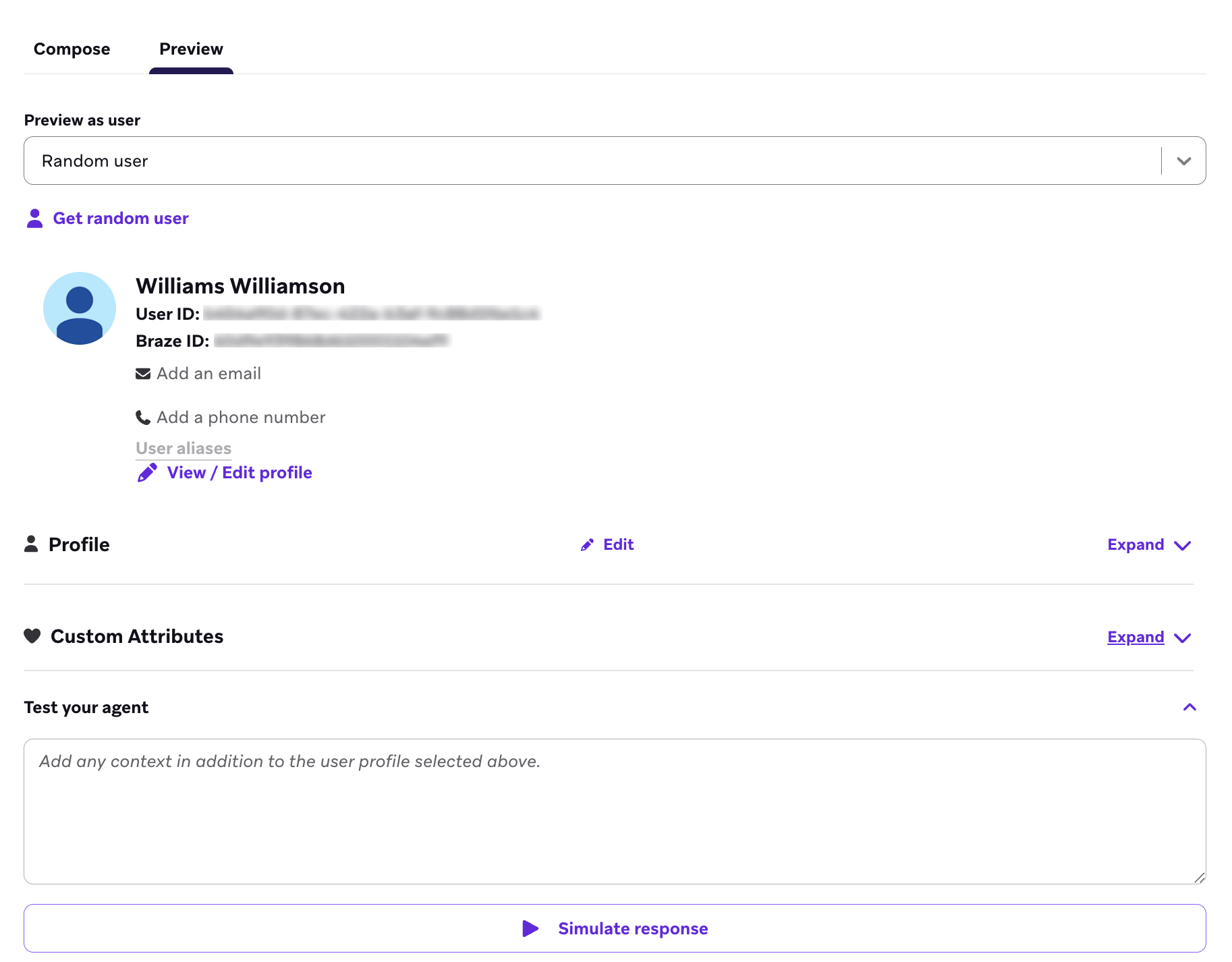 무작위 사용자로서 에이전트 출력을 미리 봅니다.