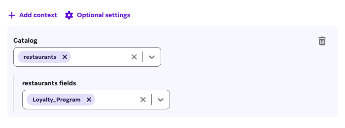 상담원이 검색할 '레스토랑' 카탈로그 및 "Loyalty_Program" 열이 선택되어 있습니다.