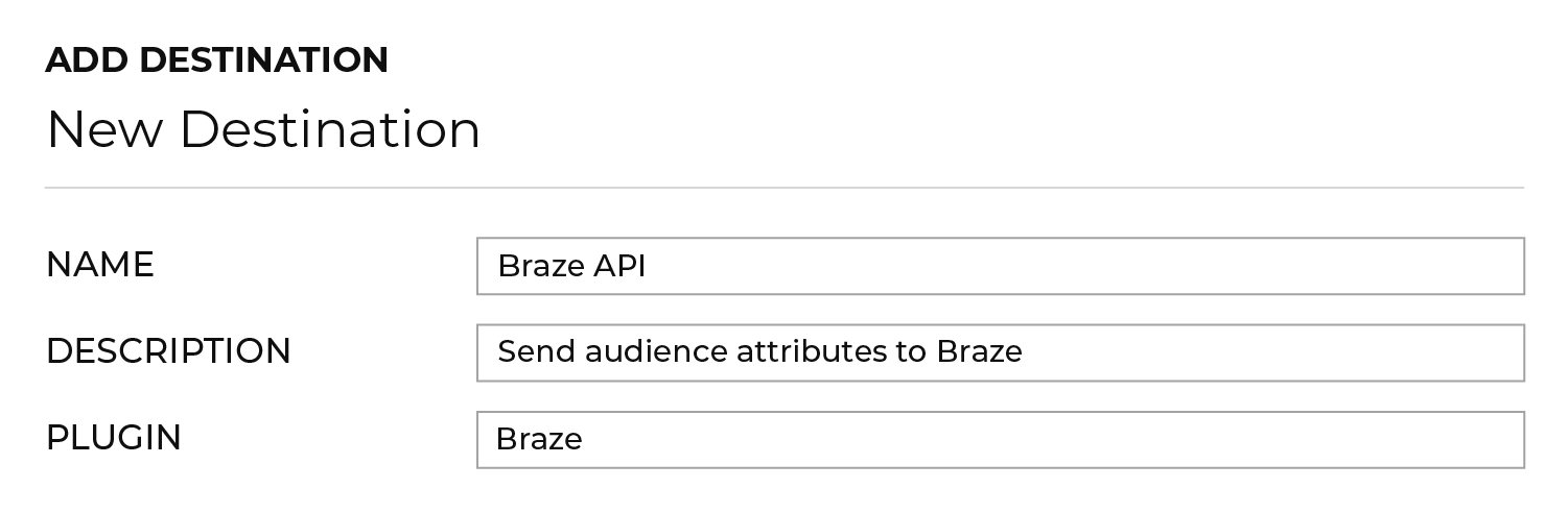 이름이 'Braze API'이고 설명이 'Braze로 오디언스 속성 전송'이며 플러그인이 'Braze'인 새 대상 섹션.