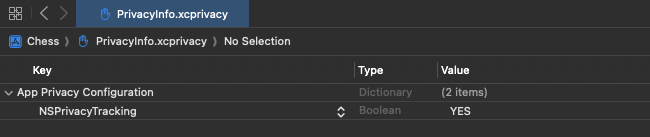 'NSPrivacyTracking'이 'YES'로 설정된 상태로 열린 'PrivacyInfo.xcprivacy' 파일.