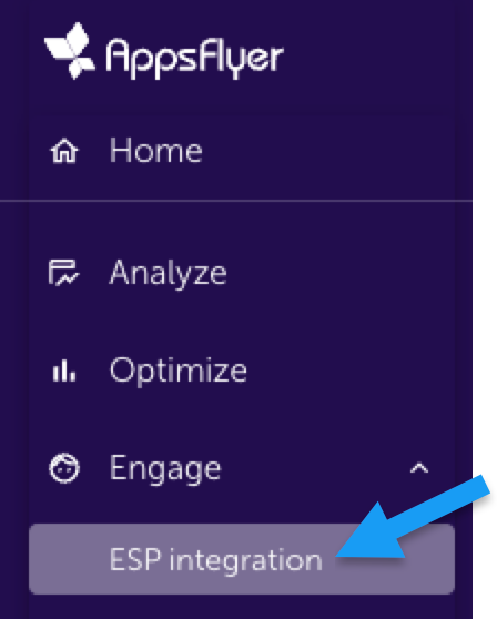 Appsflyer UI에서 탐색 메뉴의 'ESP Integration' 버튼을 보여주는 화면.