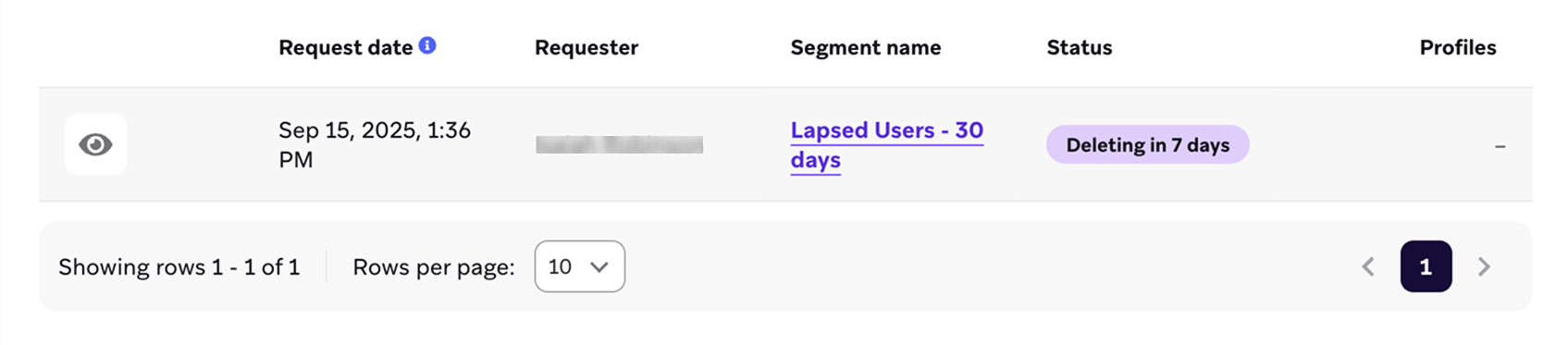 '사용자 삭제' 탭의 보류 중인 세그먼트 삭제.