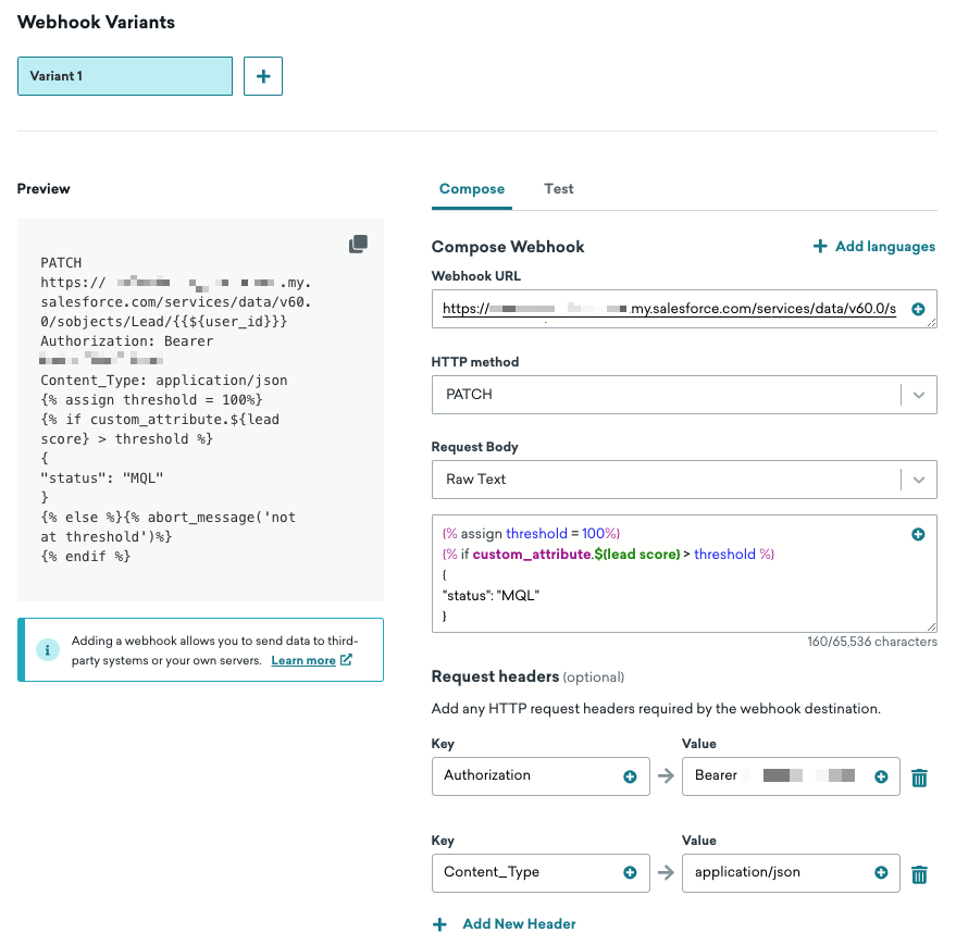 웹훅이 Salesforce 웹훅 URL, PATCH HTTP 메서드, 원시 텍스트 요청 본문 및 요청 헤더로 구성됩니다.